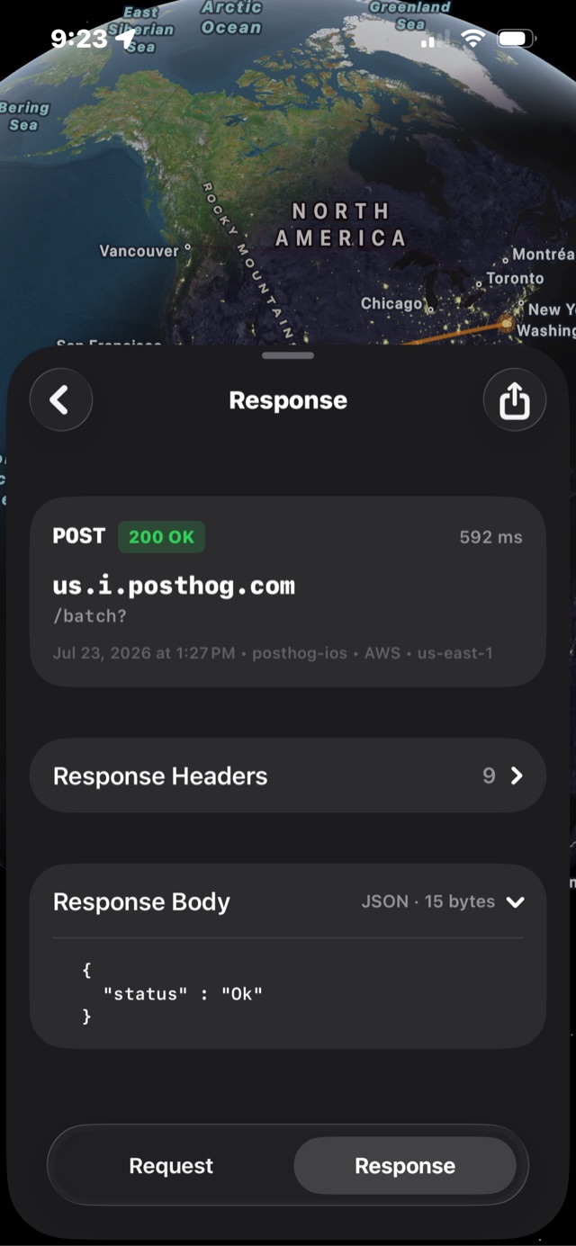 Tracer showing a decrypted response: POST to us.i.posthog.com /batch, 200 OK in 592 ms, sent by posthog-ios, served from AWS us-east-1, with a 15-byte JSON body reading status Ok.